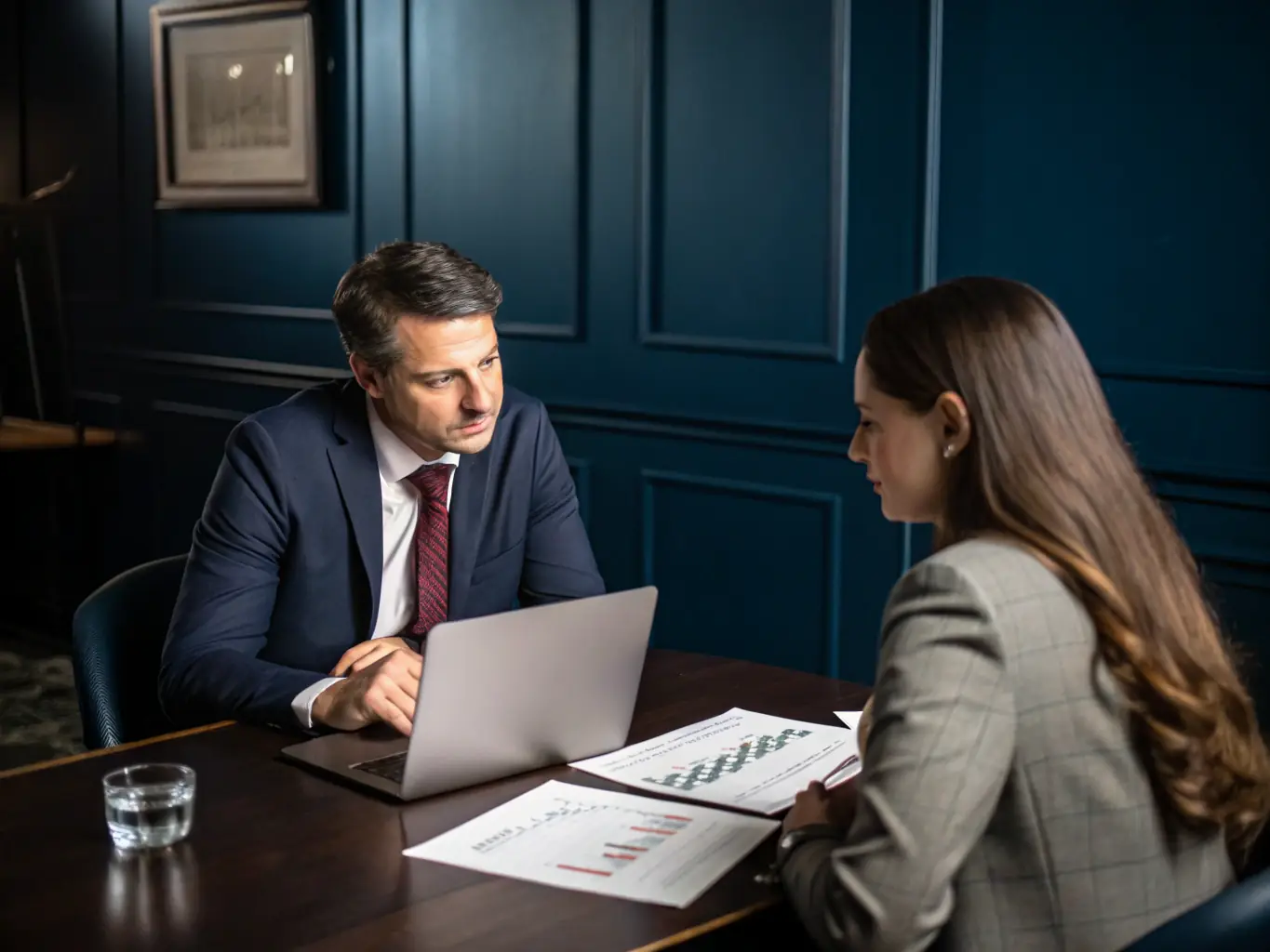 A consultant in a suit reviewing financial documents with a client in a modern office setting, symbolizing financial consulting services.