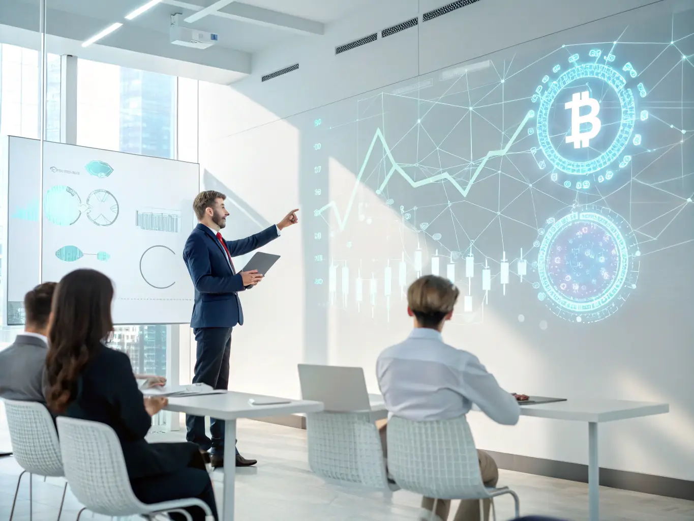 A consultant explaining blockchain technology to a client using a digital interface, representing crypto consulting services.