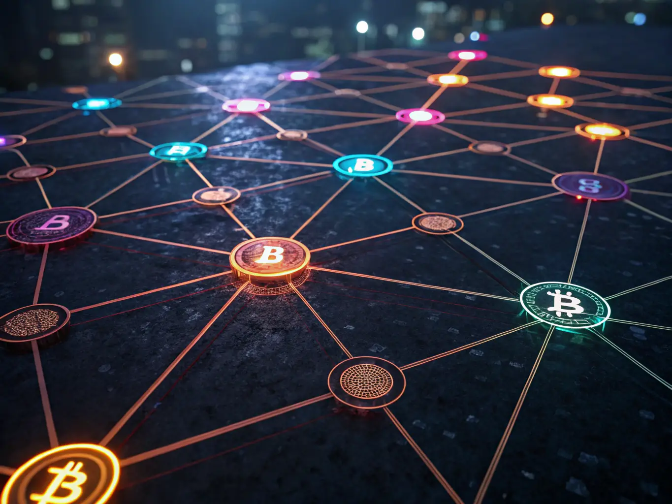 A digital illustration of blockchain networks and financial graphs, representing the intersection of finance and cryptocurrency.