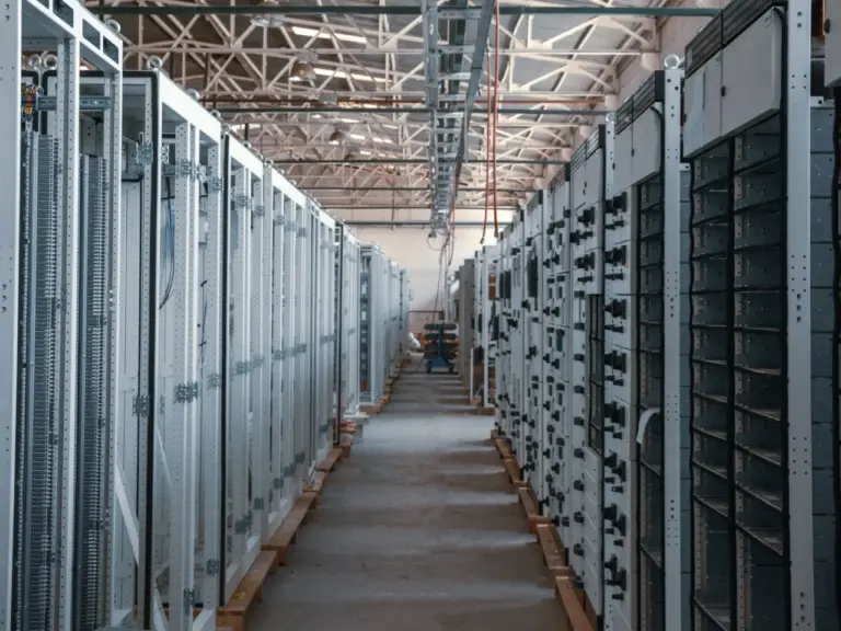Data hall aisle lined with metal server racks