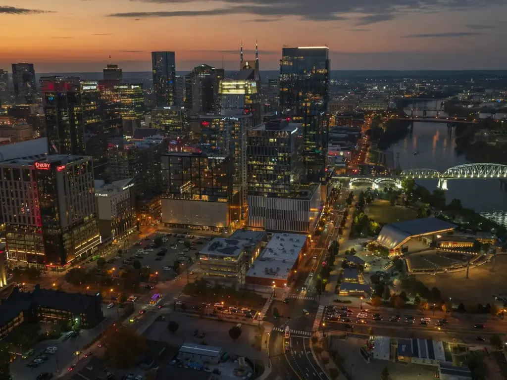 Aerial view of downtown Nashville at night