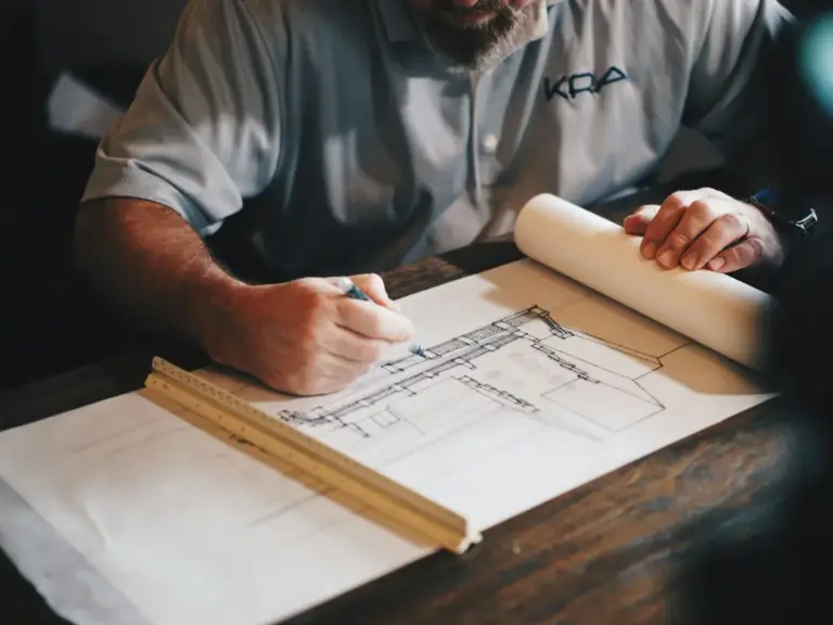 Hands drafting a project plan with a ruler on technical drawings
