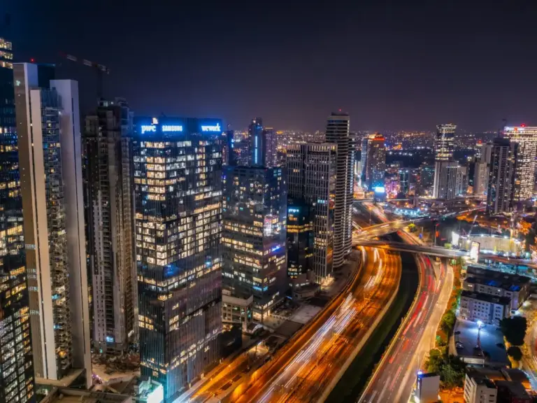 Long-exposure city traffic trails at night